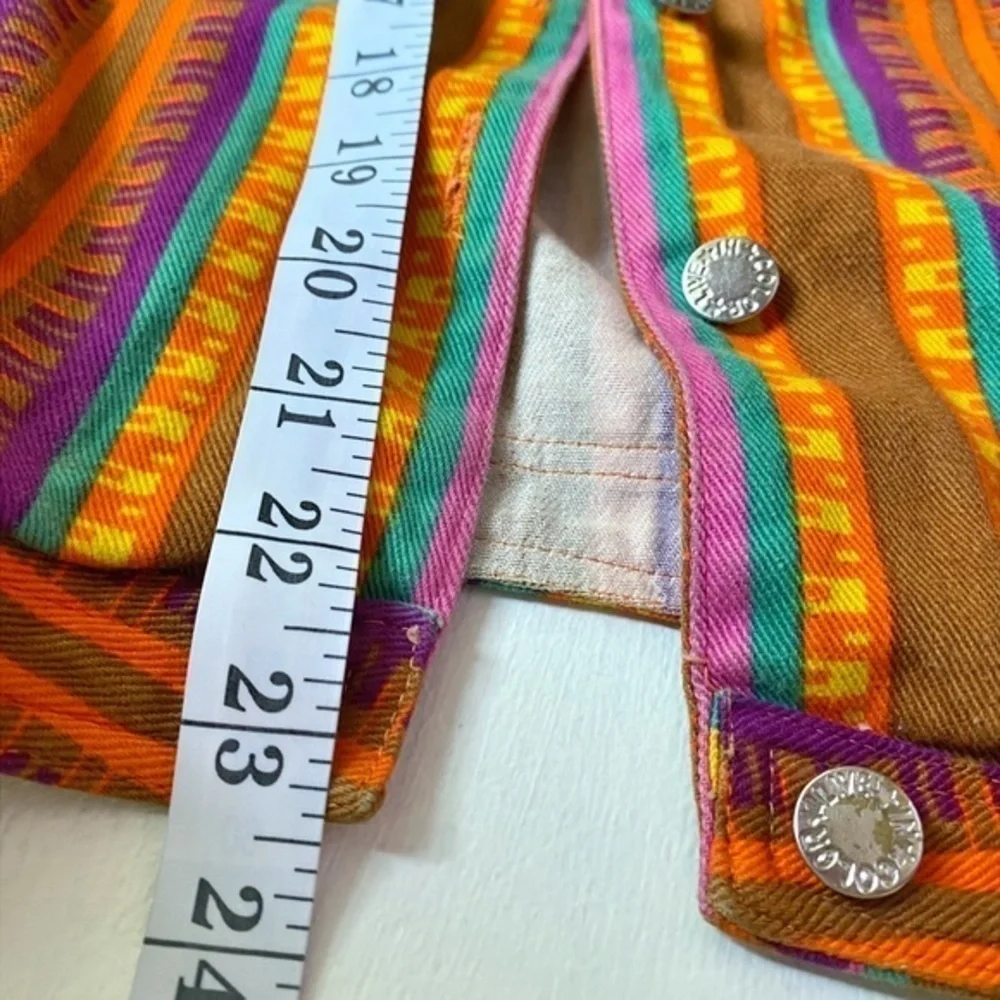 Live‎ in Color 1990’s Multicolored Stripe Aztec Sleeveless Jean Jacket w/ Hoodie